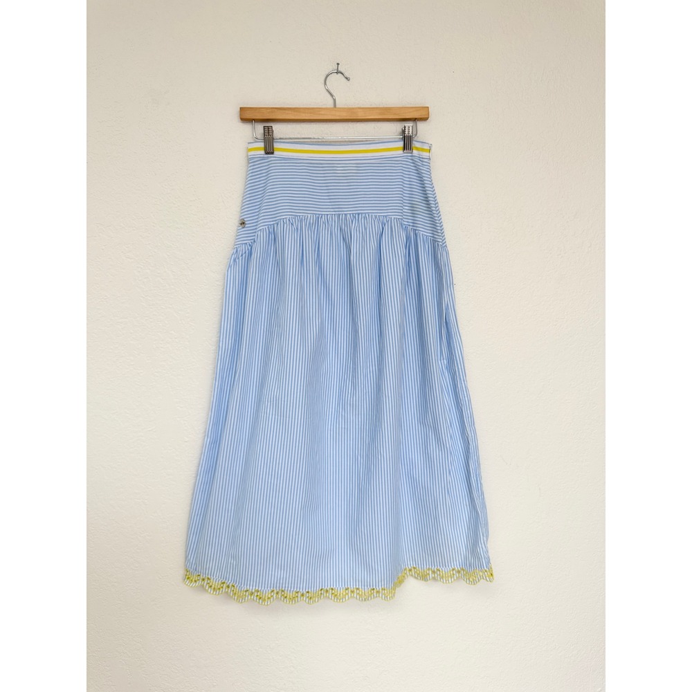 LA MARTINA Blue White Striped Midi Skirt Yellow Eyelet Scallop Hem Size 2